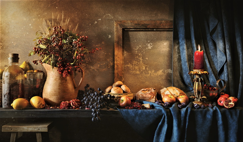 Artistic, Bread, Vase, Candle, Still Life, Flower, 1080P, Grapes, Painting