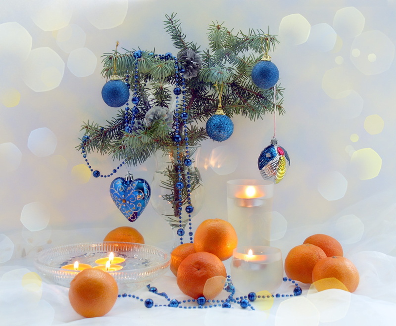 blue, happy new year, Christmas balls, branches, heart, candle, fruit, holiday, tree, Christmas decorations, table, new year, 1080P, color, tangerines