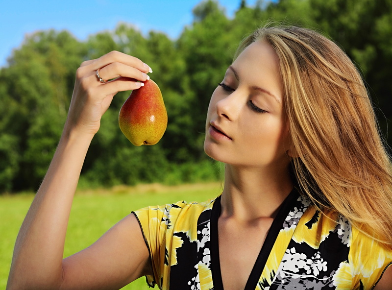 Frances A, focus on foreground, food, young women, food and drink, plant, holding, blonde, headshot, 5K, one person, young adult, pears, adult, nature