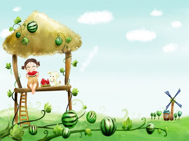 girl, watermelon, puppy, 480P, cartoon
