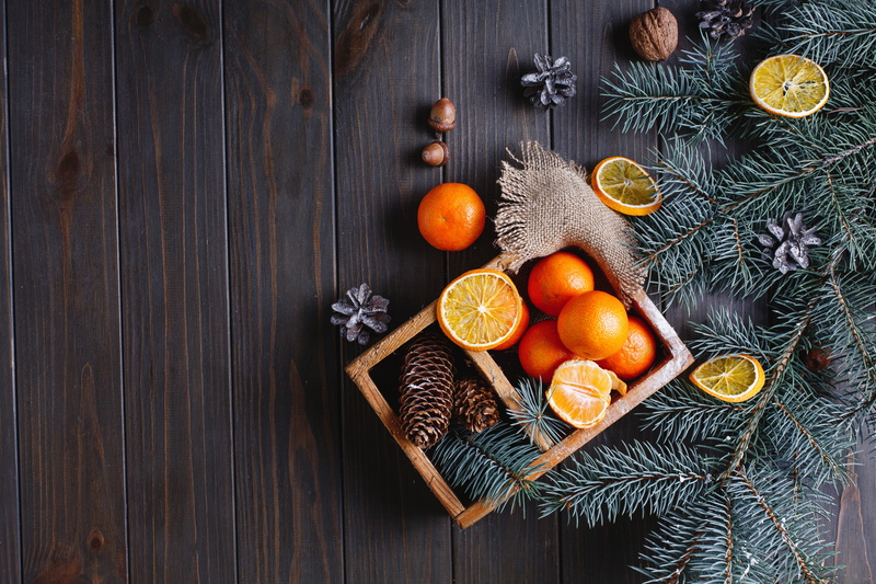 tangerines, New Year, Merry, wood, fruit, fir tree, Christmas, 5K, tangerine, oranges, decoration, orange, mandarines, fir-tree branches