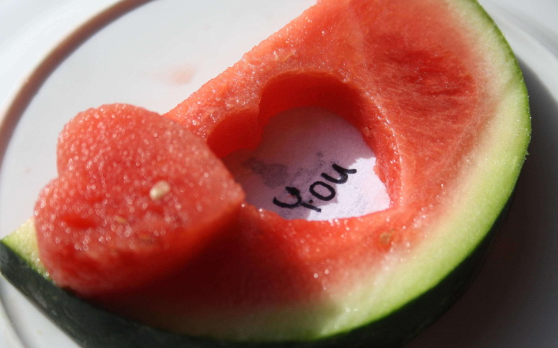 3d and abstract, fruit, love, watermelon, heart, funny, abstract, food, 2K, text