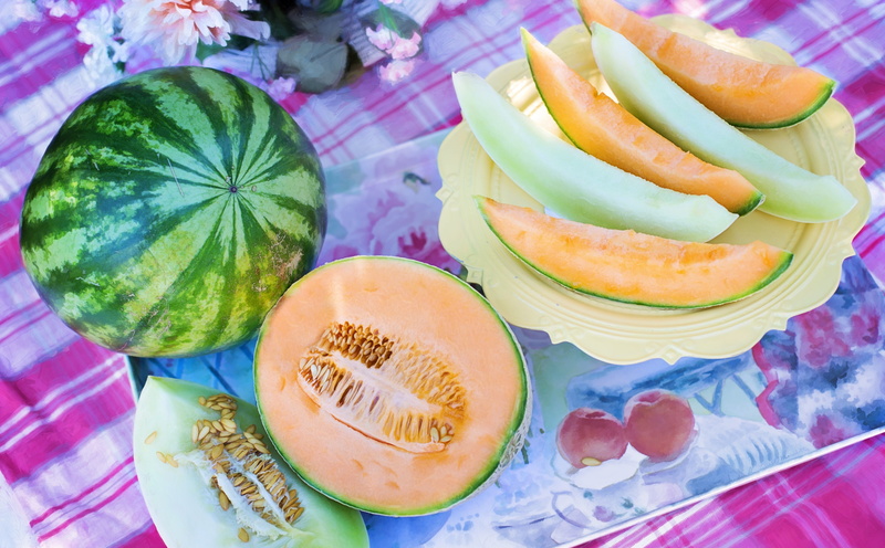 indoors, melons, no people, snack, Watermelon, bowl, cross section, temptation, food and drink, vitamin, passion fruit, organic, 5K, tablecloth, refreshing