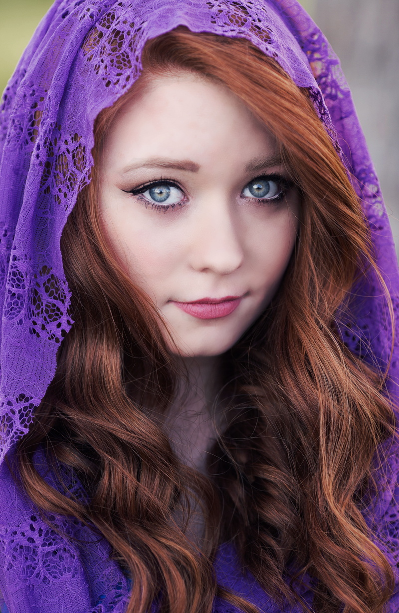 purple, fashion, hairstyle, face, portrait, 5K, beauty, close-up, headdress, eyes, hair, young women, adult, glamour, woman, contemplation, young, redhead