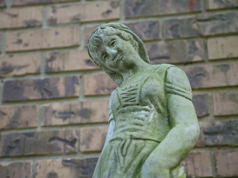 figure, male likeness, antique, craft, creativity, stone, front, green, fountain, bricks, 4K, human representation, face, statue, wall - building feature