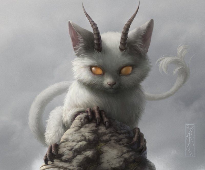 cat, rock, 1080P, kitten, horns, the demon, animal, stone, white