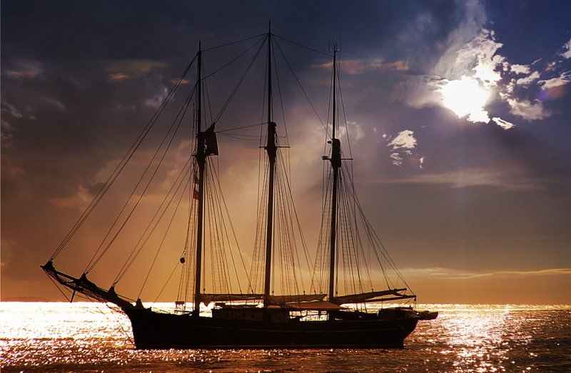travel Destinations, ocean, sailing, nature, water, tall ship, sky, landscape, travel, dusk, cloud - sky, sailing vessel, digital painting, no people, pole
