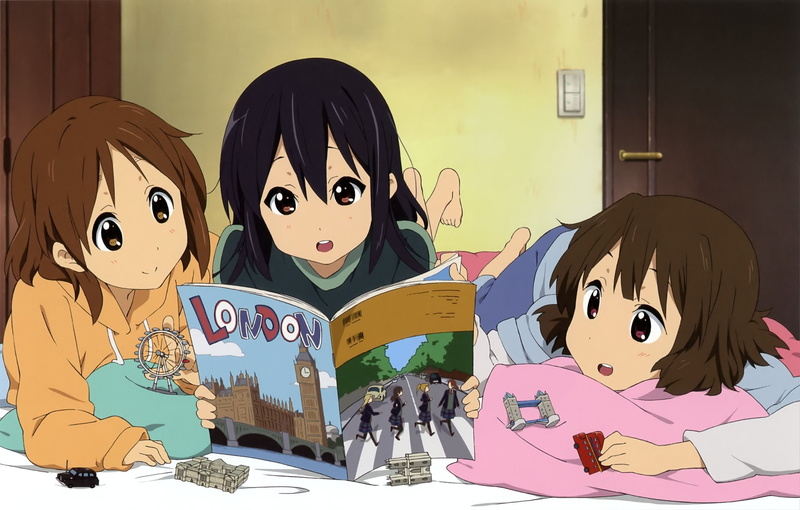 art, purple, nakano, anime, brunettes, motorcycles, brown, girls, eyes, ui, hd, hirasawa, 1080P, jun, azusa, london, suzuki, hair, books