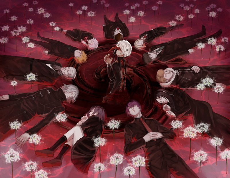 Yoshimura (Tokyo Ghoul), Touka Kirishima, Brown Hair, Orange Hair, Koutarou Amon, Enji Koma, White Hair, Ken Kaneki, Blonde, Hood, Juuzou Suzuya, Lying Down