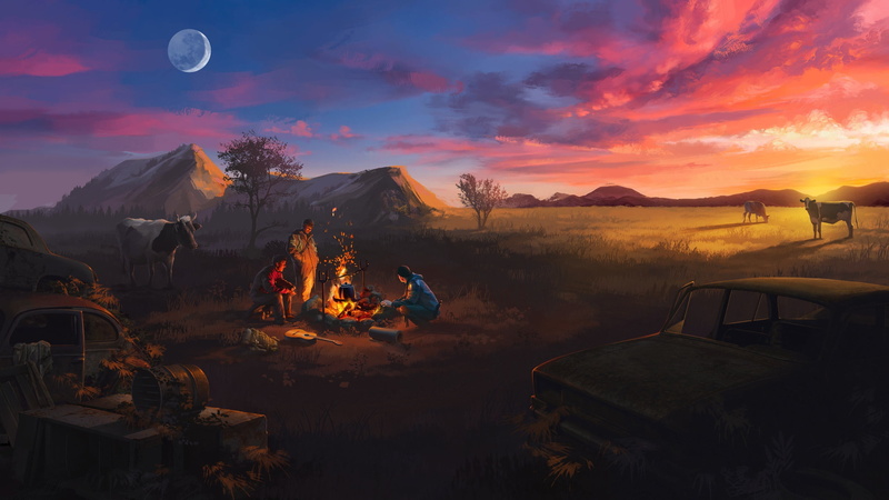 sky, artwork, fireplace, wreck, landscape, cow, 2K, car, men
