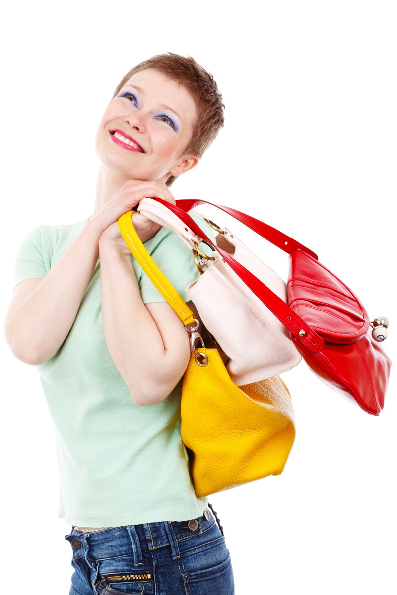 one person, customer, three quarter length, sale, handbags, portrait, isolated, cute, carrying, lifestyles, fashion, happiness, 5K, happy, smiling, person