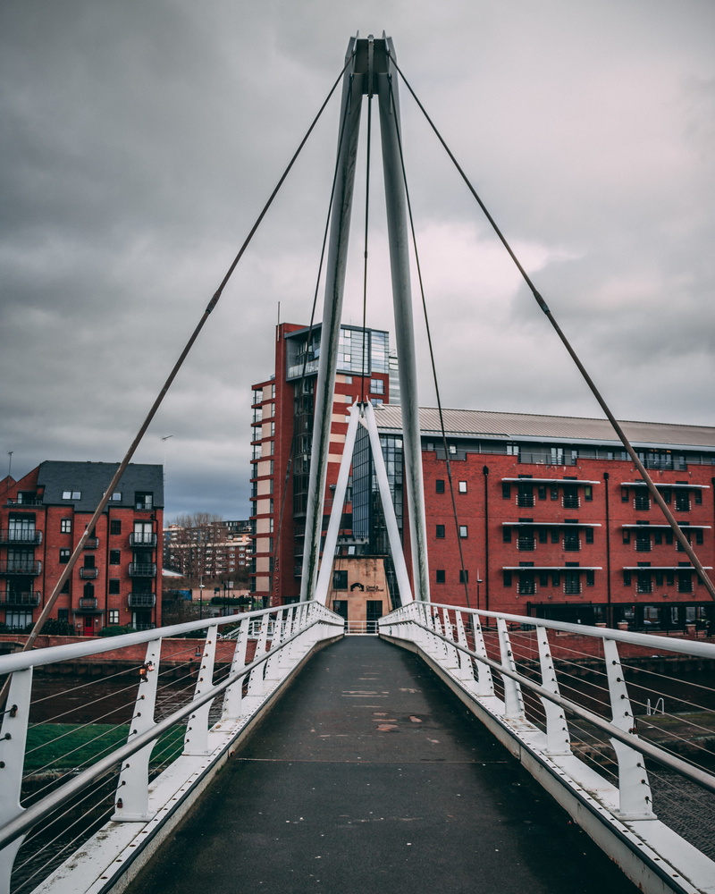 banister, way, diminishing perspective, handrail, cloud - sky, suspension bridge, building exterior, england, outdoors, architecture, bridge, leeds, tower