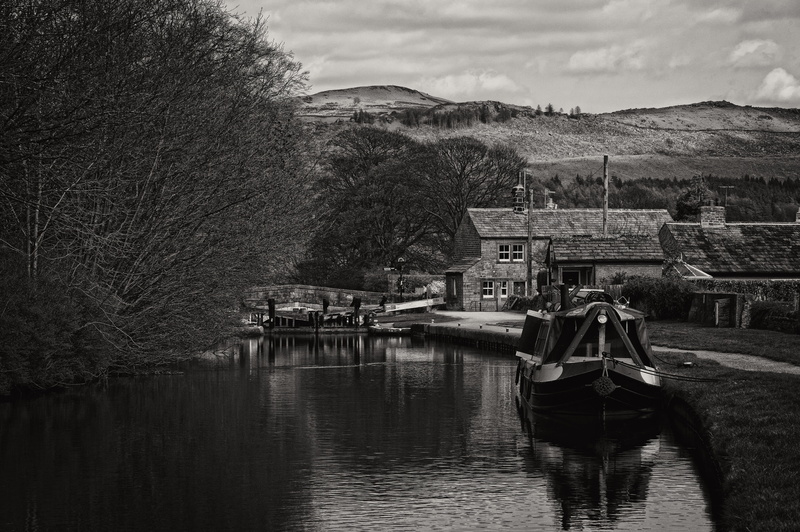 scenics - nature, barge, cloud - sky, waterfront, nature, longboat, narrowboats, 4K, canal, black, narrow boat, tree, plant, no people, nautical vessel