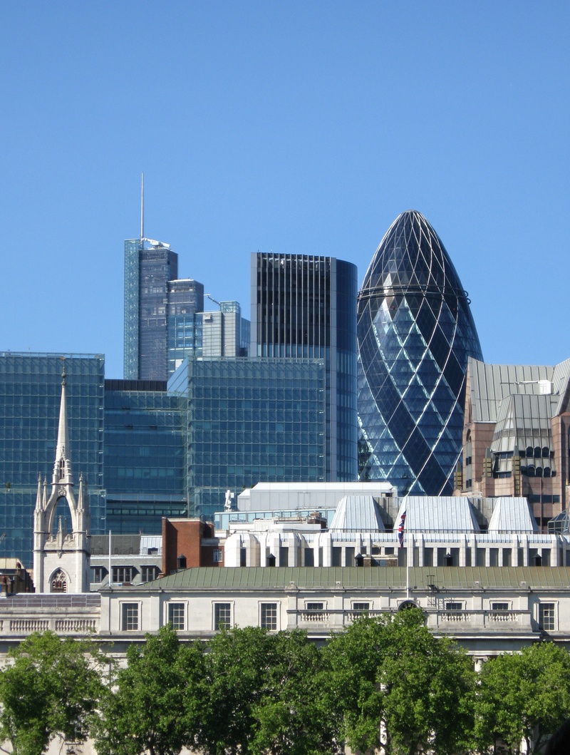 modern, office, skyline, england, tower, gherkin, office building exterior, day, view, london, building, britain, tree, swiss re, blue, nature, copy space