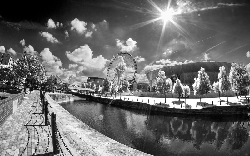hd, cityscape, liverpool, canal, 2K, wheel, clouds, ferris, sunlight, bw
