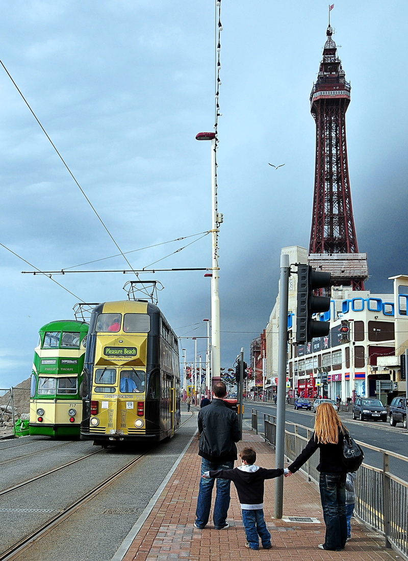 city, holidays, men, vacation, building exterior, pleasure, rail transportation, tower, ride, transportation, blackpool, travel, sky, track, tourist, women