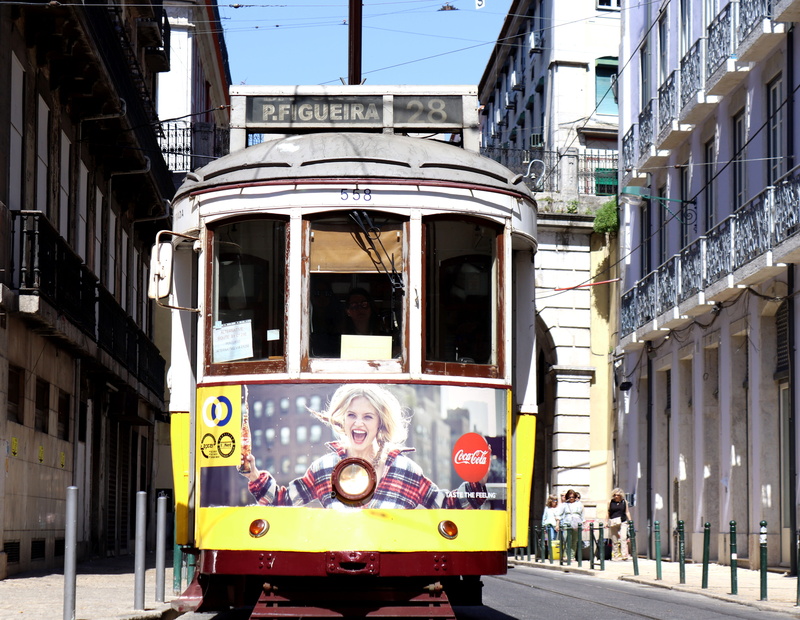 yellow, day, street, traffic, building exterior, rail transportation, line 28, 5K, historic center, incidental people, lisbon, land vehicle, travel, vacations