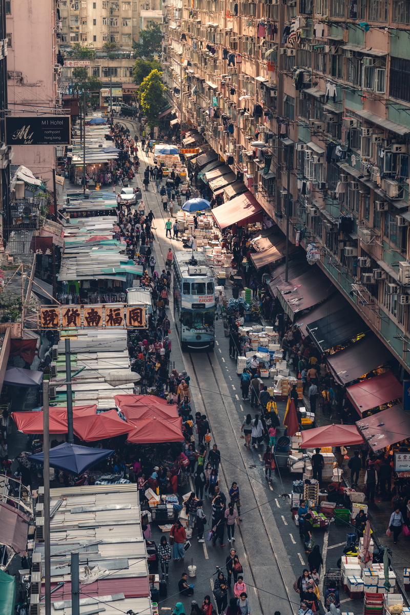 real people, group of people, 8K, people, urban, street market, retail, tram, consumerism, women, aerial, city life, from above, residential district
