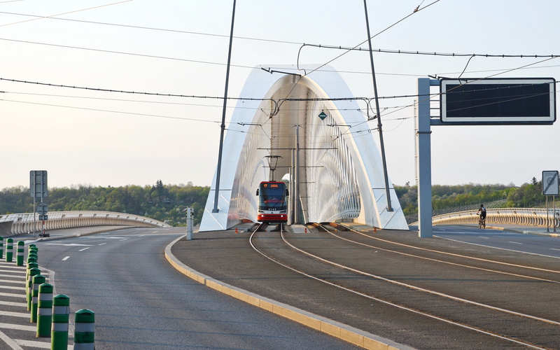 bridge, Tramway, transportation, urban, daytime, architecture, fuel and power generation, sign, semi-truck, expressway, motion, vehicle, tram lines, trucking