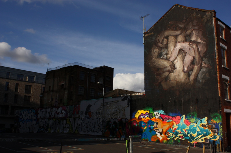 building exterior, art and craft, male likeness, facade, brick lane, clouds, 4K, day, city, creativity, no people, street art, representation, wall, architecture