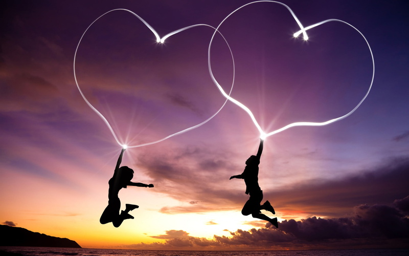 flying, togetherness, beauty in nature, silhouette, motion, heart shape, 2K, boy, emotion, jump, full length, girl, white, sky, men, sunset