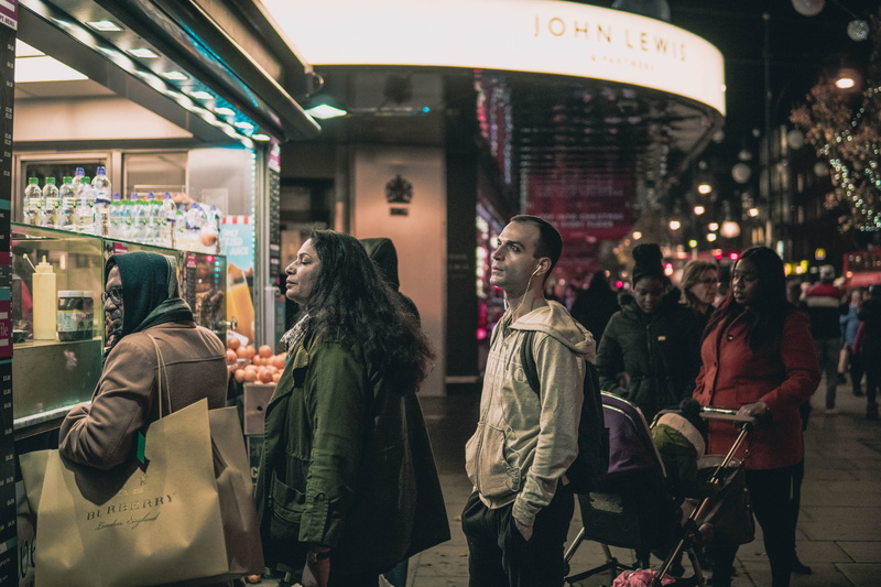 pedestrian, store, clothing, men, adult, food stall, standing, young adult, lifestyles, beside, line, jacket, fall, oxford street, crowd, overcoat, human