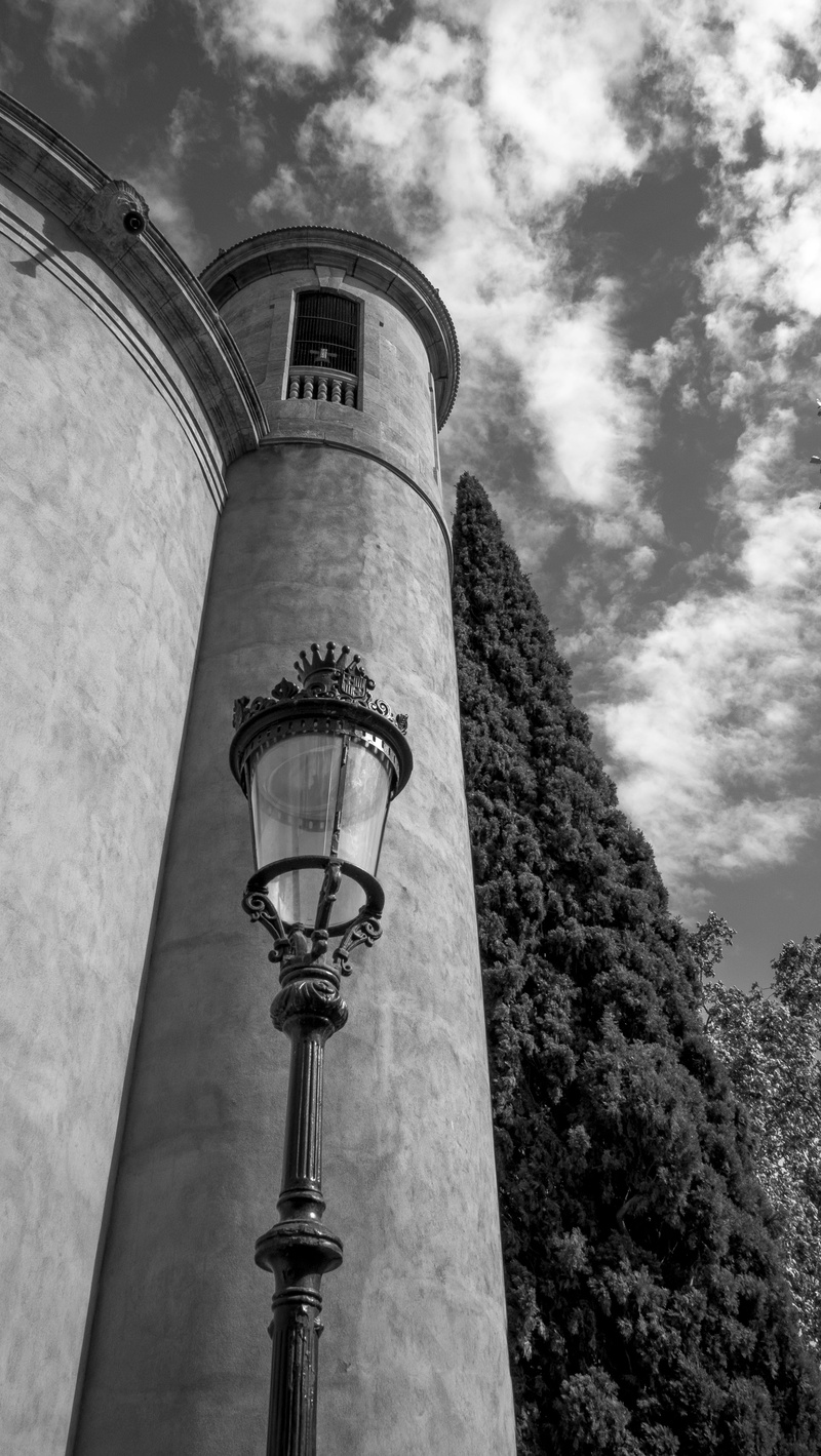 old, architecture, plant, barcelona, metal, trees, travel destinations, design, fortress, built structure, sky, the past, history, black and white, forged iron