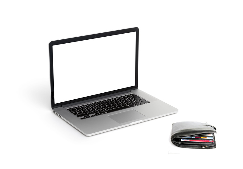 white background, 4K, no people, laptop, connection, Online Shop, studio shot, portable information device, wallet, payment, indoors, shop, e-commerce