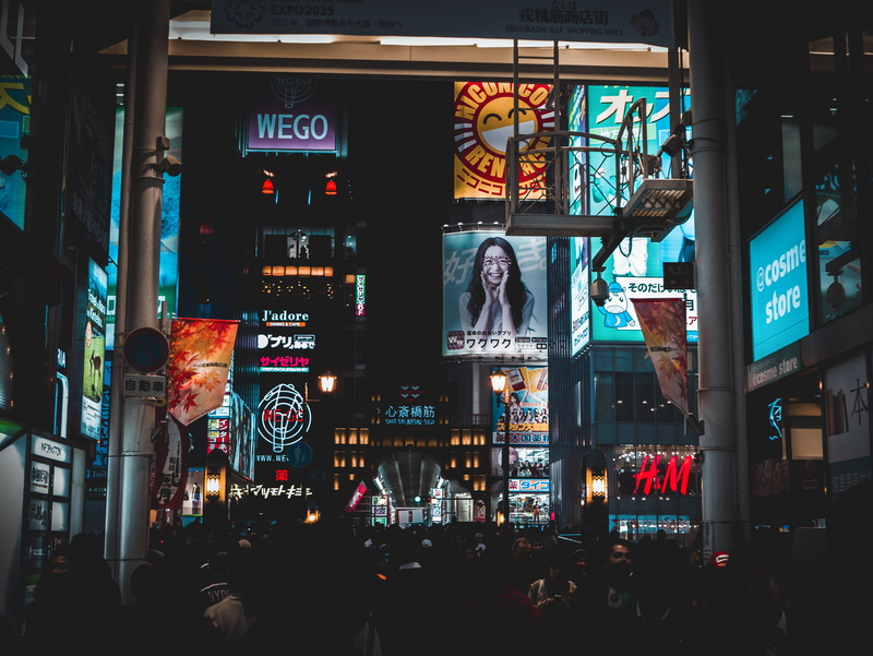 advertisement, illuminated, women, communication, built structure, nighttime, architecture, large group of people, human representation, walking, nightlife