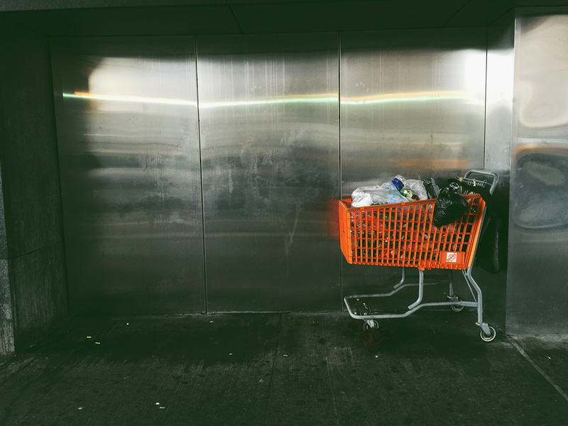 metal, silver, wall, trolley, glass - material, steel, consumerism, orange, cart, card, orange color, retail, day, absence, packs, empty, indoors, plastic