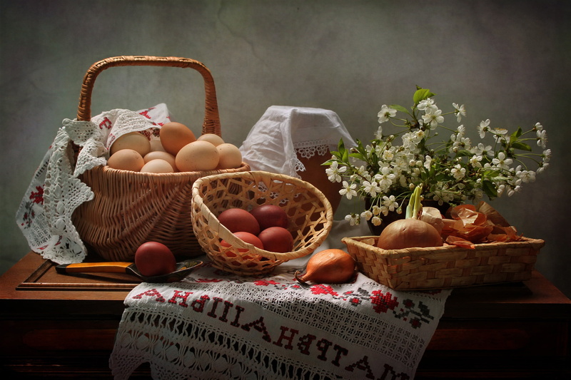 spoon, eggs, table, bow, holiday, 2K, Easter, branches, Kovaleva Svetlana, cherry, swipe, pot, basket, towel, milk