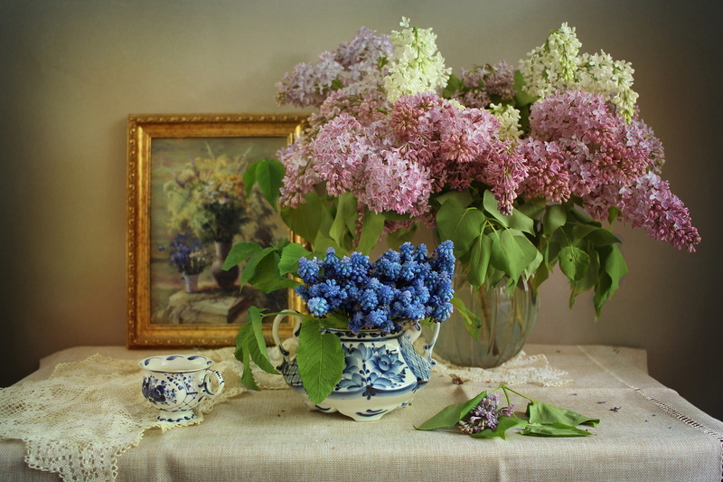 vase, picture, Muscari, Cup, swipe, 2K, flowers, lilac, branches