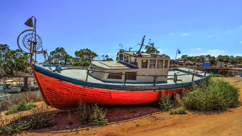 weathered, old, abandoned, nature, outdoors, no people, mode of transportation, fishing industry, water, fishing boat, built structure, plant, clear sky