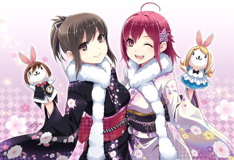 sekitsu, yamiyo, nozomi, eyes, rabbit, brown, odore, clothes, ayaka, japanese, wink, kimono, yukata, white, kokuro, girls, 720P, tel o, doll, red, hair