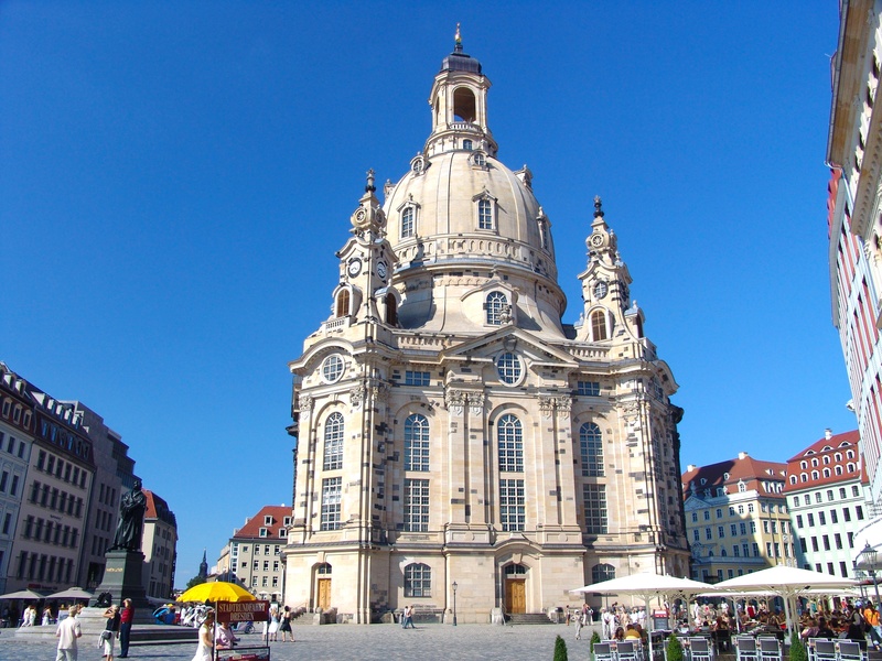 built structure, spirituality, frauenkirche, mode of transportation, frauenkirche dresden, outdoors, dresden, 2K, blue, sky, building exterior, travel destinations
