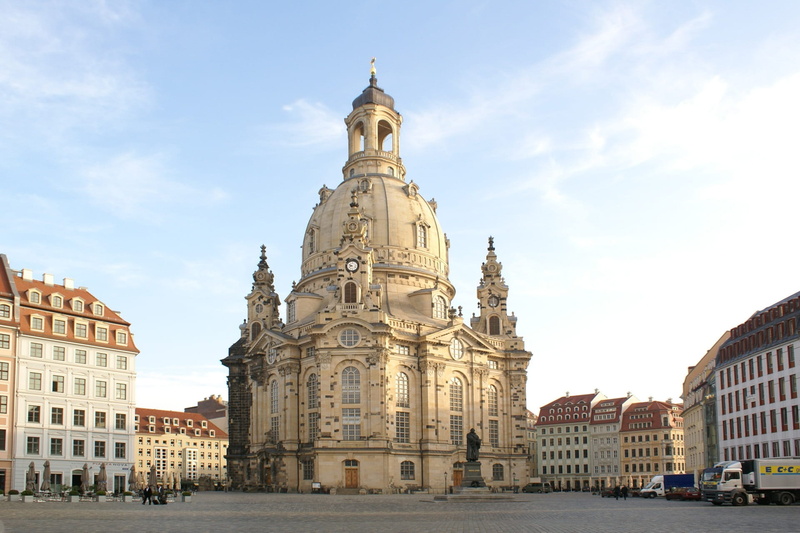 saxony, church, dome, built structure, 1080P, frauenkirche, mode of transportation, spirituality, city, outdoors, building, religion, building exterior