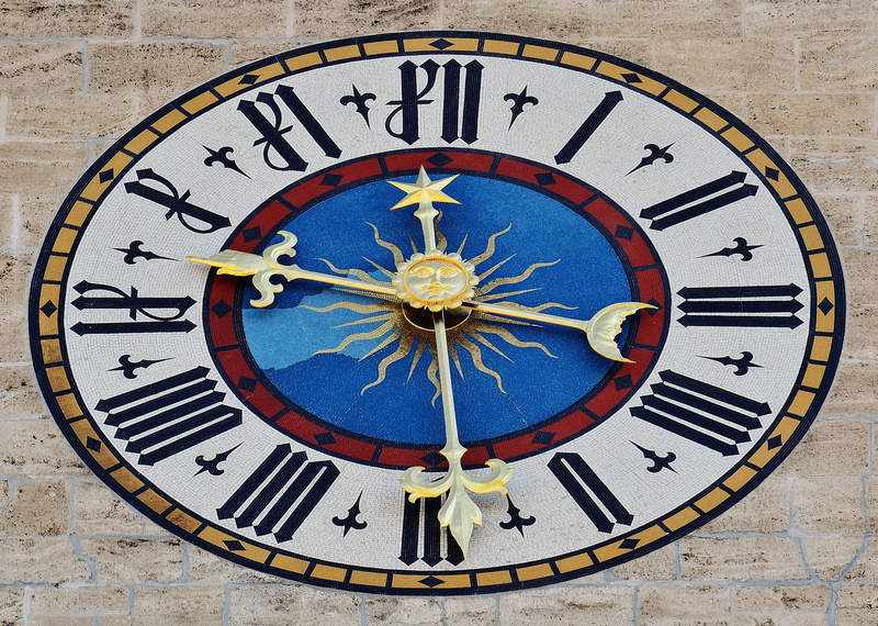 building exterior, roman, built structure, roman numeral, wall - building feature, sun, geometric shape, time, clock face, shape, 4K, wall, clock, town hall
