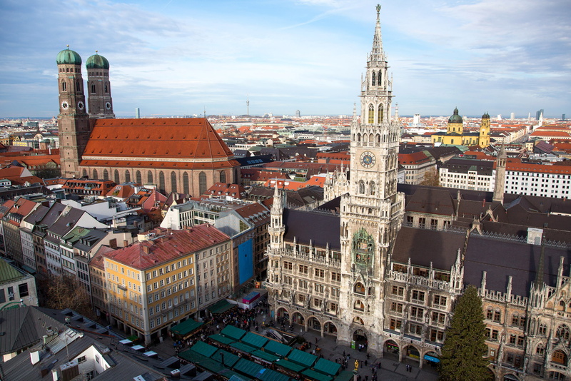 Germany, 1080P, area, new town hall, Church, tower, panorama, Munich, Marienplatz, the sky, home