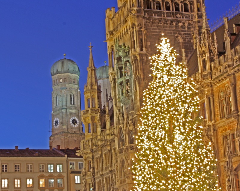 bavaria, low angle view, religion, tree, no people, christmas, spirituality, place of worship, night, history, town hall, building exterior, clock, nature