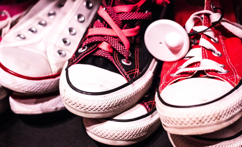 barcelona, vintage trainers, indoors, vintage sneakers, vintage shoes, high angle view, 5K, vintage converse, group of objects, pink color, red, selective focus