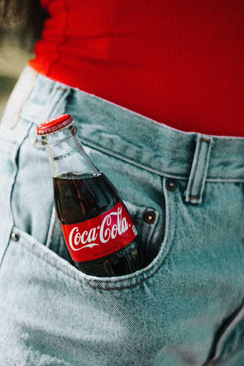 1080P, midsection, pocket, red, communication, textile, bottle, coca, indoors, cola, coca-cola, denim, close-up, high angle view, container, inside, casual clothing