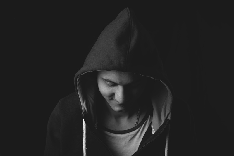 clothing, hood - Clothing, sadness, hooded Shirt, 5K, wear, dark, black-and-white, young adult, black background, one Person, front view, body, teenager