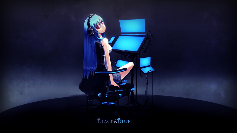 illuminated, music, anime, black background, photographic equipment, spotlight, communication, front view, anime girls, equipment, studio shot, film studio