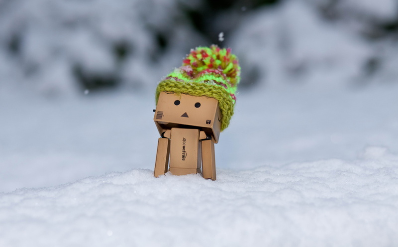 nature, anthropomorphic smiley face, toy, representation, field, danbo, male likeness, small, discovering, snow, craft, day, face, 5K, cold temperature