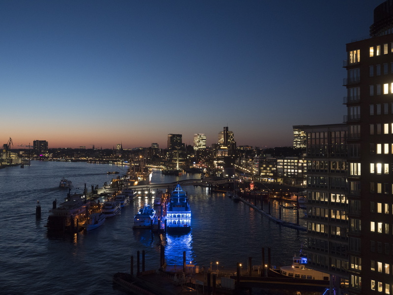 mode of transportation, hamburg landungsbrücken, port, nature, skyscraper, river, cityscape, passenger craft, illuminated, office building exterior, no people