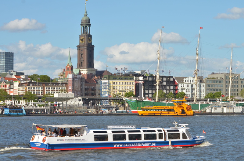 transportation, city, craft, architecture, building exterior, sky, sea, sailing, port of hamburg, landmark, hamburg landungsbrücken, passenger craft, sailboat