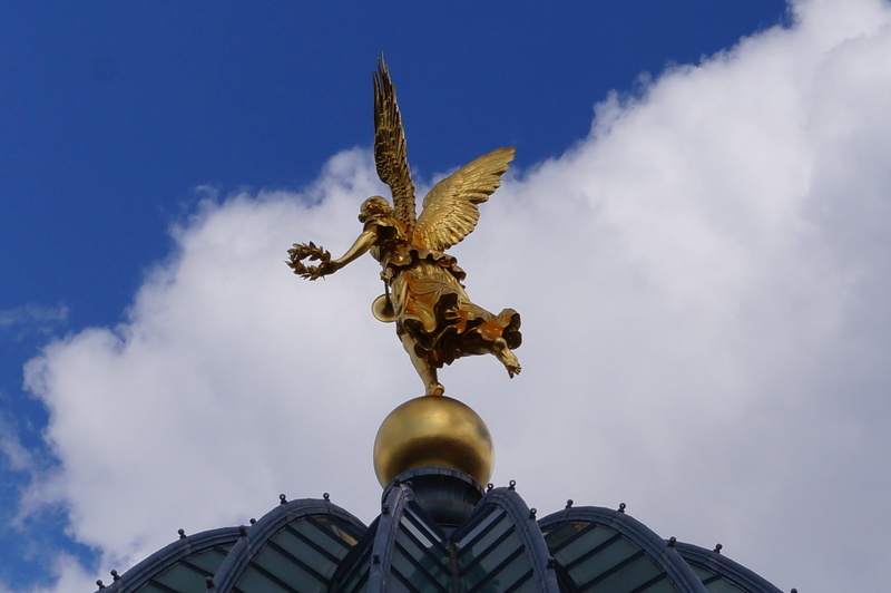 day, religion, eagle, sky, cloud - sky, outdoors, art, trumpet, representation, creativity, nature, no people, belief, angel, blue, golden, sculpture, dresden