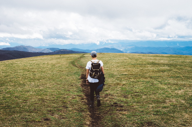 path, green, cap, day, mountain, sky, mountain range, wearing, hike, cloud - sky, hill, man, field, hiking, walking, nature, lifestyles, 1080P, full length