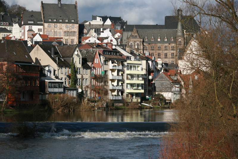waterfront, 2K, outdoors, house, built structure, Marburg, building exterior, tree, building, day, residential district, Lahn, water, bare tree, germany