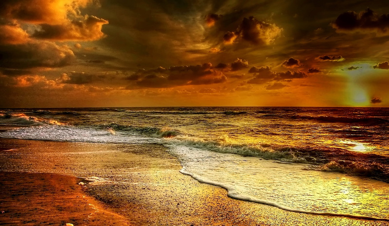 coast, beauty in nature, orange color, north sea, golden, land, mystical, atmosphere, afterglow, water, sunset, denmark, no people, 1080P, horizon, mood